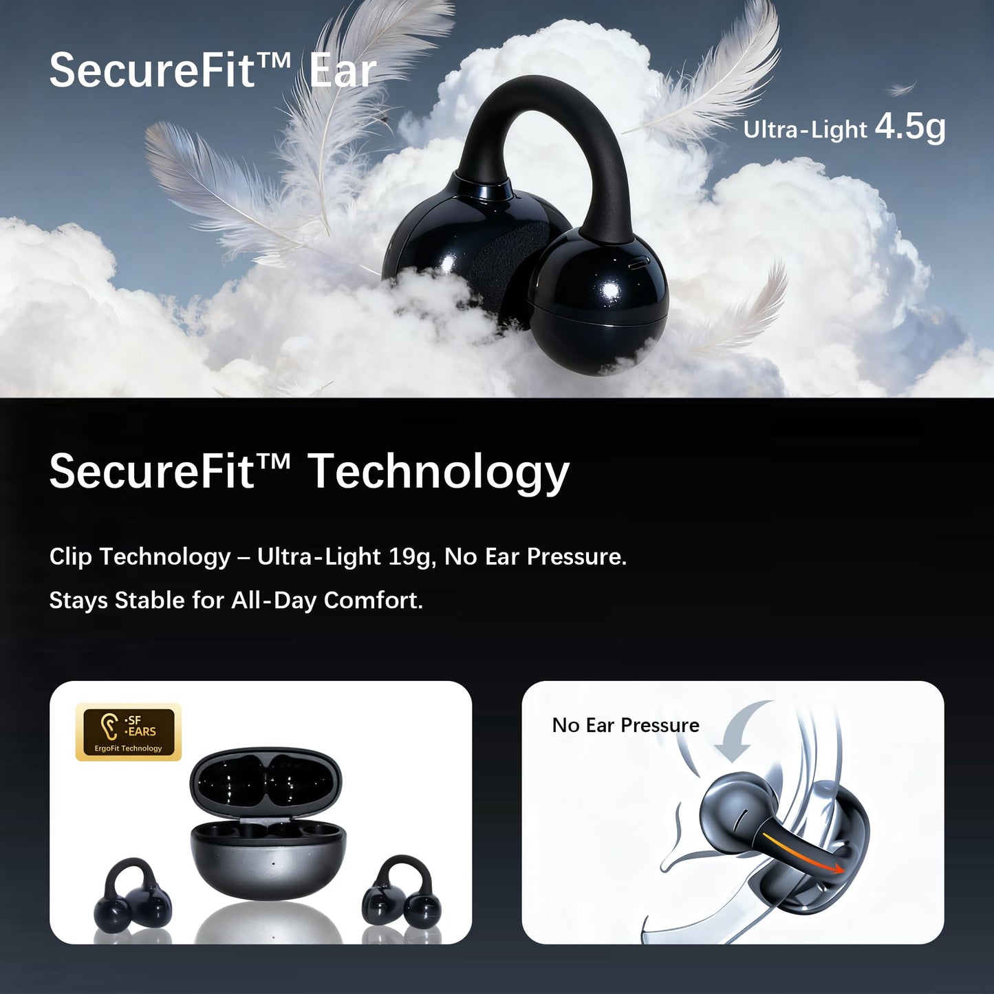 Open Ear M30 Earbuds, Bluetooth 6.0 Wireless Ultra Audio, ENC AI Air Conduction Headphones, 60H Playtime, Stereo Sound, Touch Control, Premium Clip-On Open-Ear Earphones for Office & Daily Use, Black