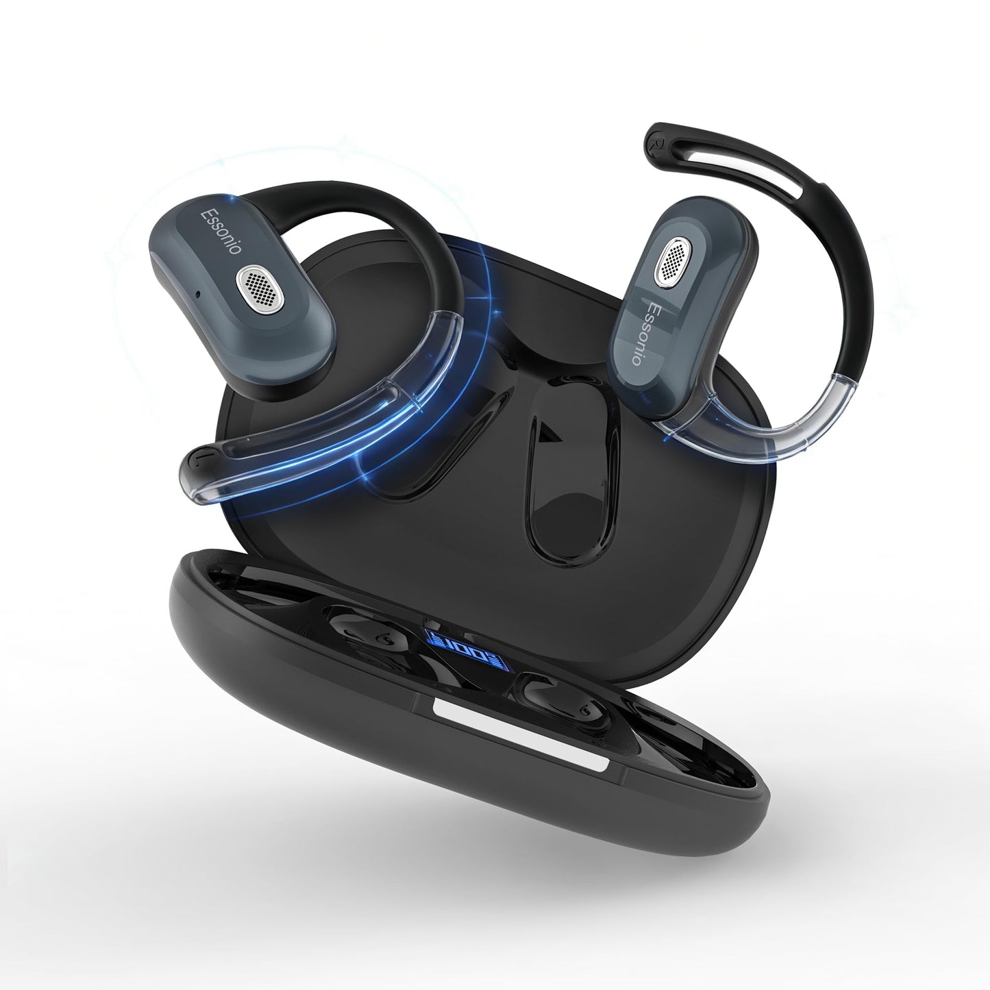 Essonio Open Ear Headphones Wireless Bluetooth 6.0, DT9.0 Directional Sound Earbuds with Ear Hooks 35H Playtime ENC Mic, IPX5 Waterproof for Running Workout Black